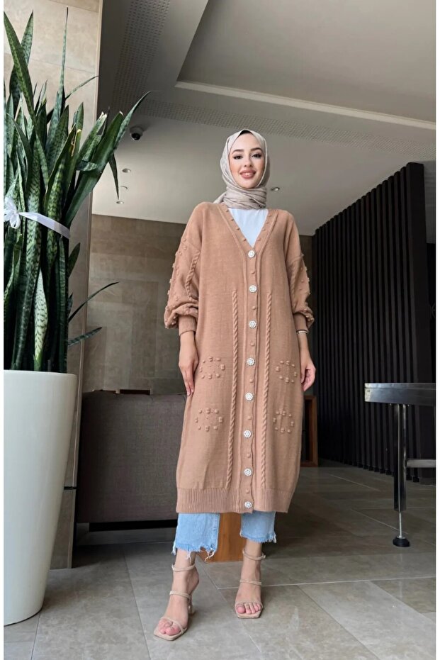 Knitted Long Cardigan with Embroidered Pearl Buttons