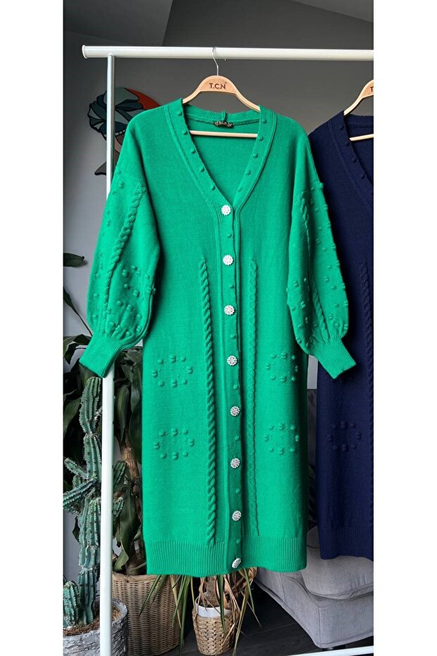 Knitted Long Cardigan with Embroidered Pearl Buttons