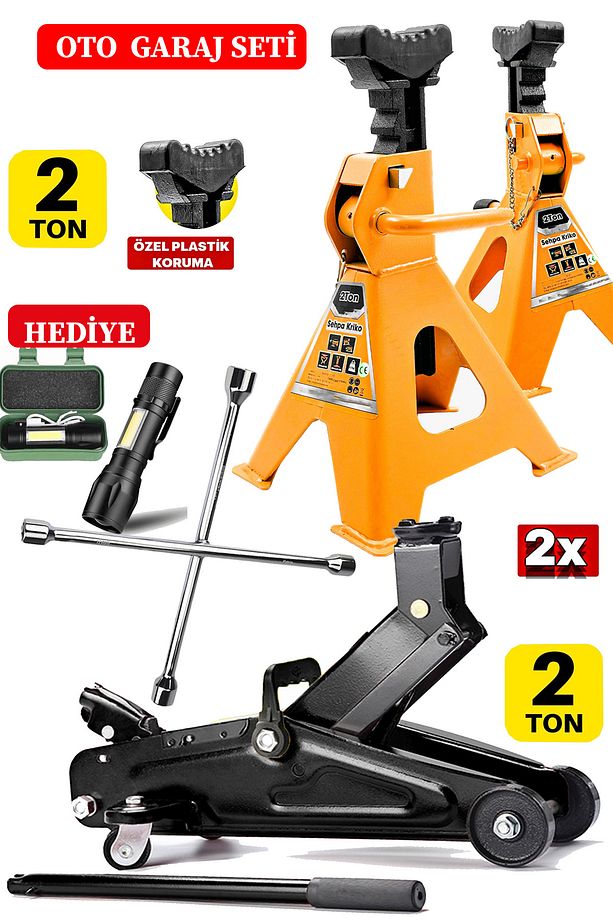 2000Kg Kapasiteli x2Ad Set Kriko Sehpası + Bijon Seti + 2ton Tekerlekli Kriko El Feneri Hediyeli - 1