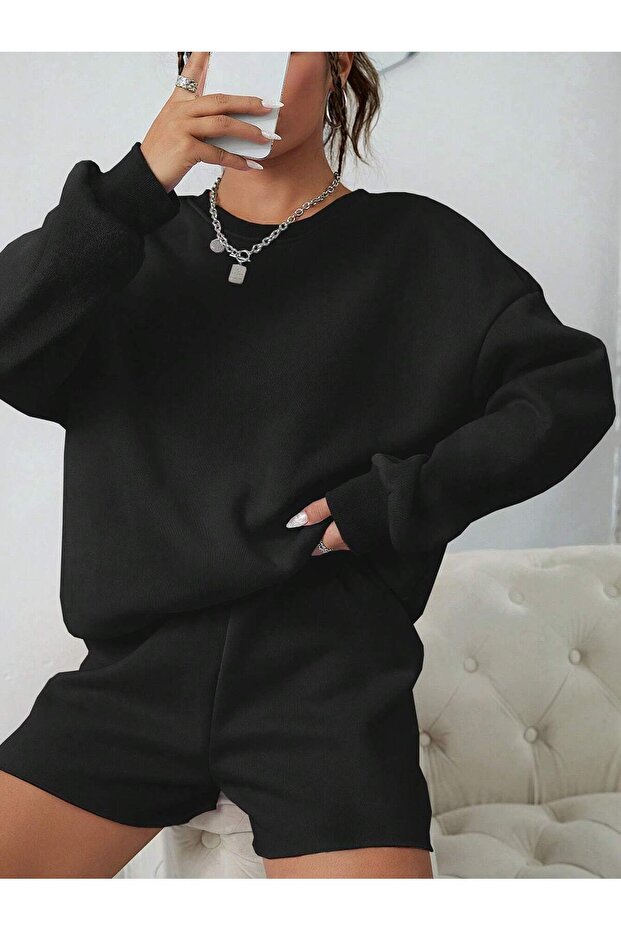 Black Crew Neck Basic Oversize Sweatshirt - 3
