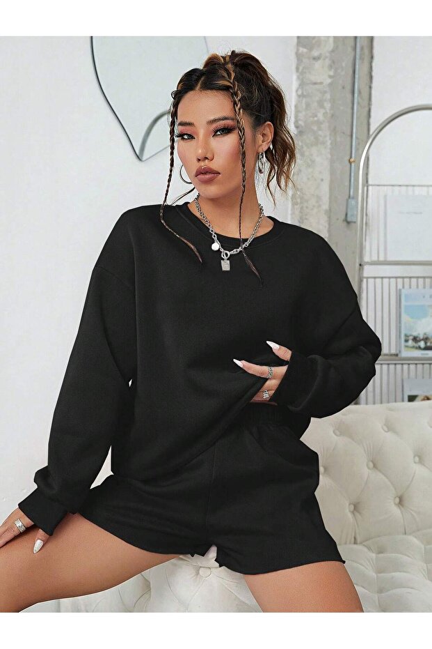 Black Crew Neck Basic Oversize Sweatshirt - 2