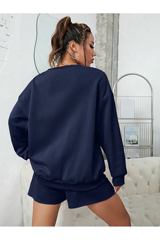 Navy Blue Crew Neck Basic Oversize Sweatshirt - 6