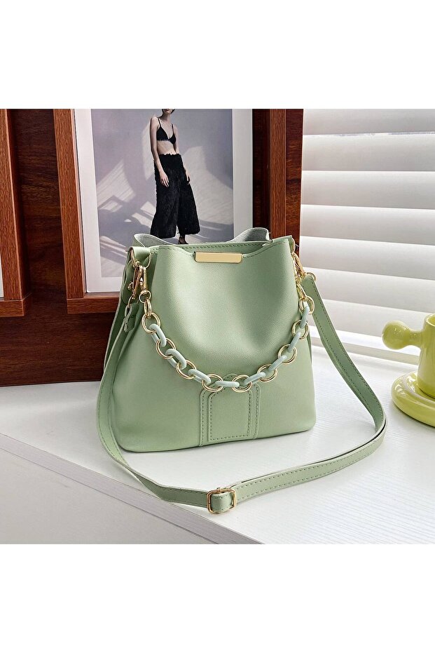 Women's Mint Green Chain Accessory Soft Leather 3 Compartment Handbag and Shoulder Bag
