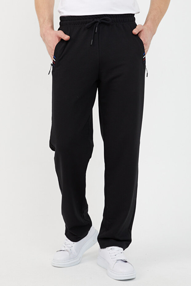 Black Men's Zipper Pocket Embroidery Detailed Straight Leg Relaxed Fit Premium Fabric Sweatpants