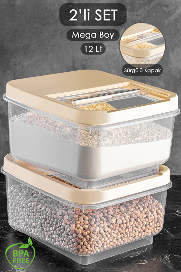 2-Piece Mega Size 12 Lt Pulses Flour Container - Food Storage Container with Sliding Lid Kitchen Organizer Box Cream