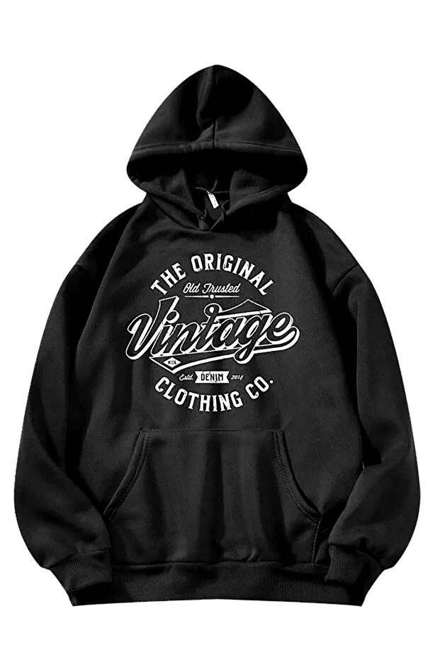 Unisex Black Hooded Vintage Printed Sweatshirt