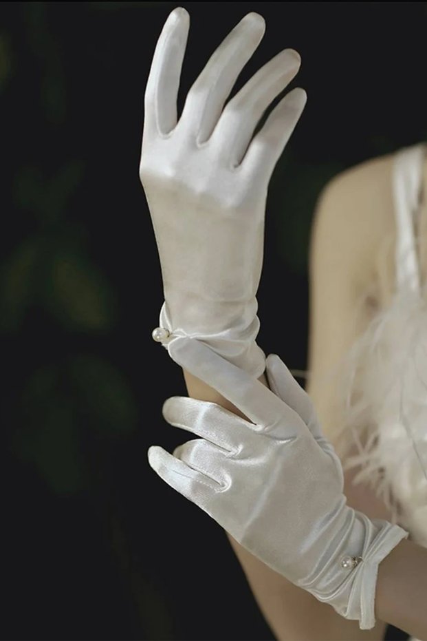 Elegant Pearls Short Bridal Gloves Wrist Length Satin White Costume Gloves