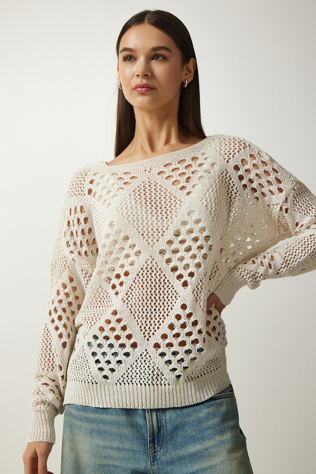Women's Ecru Openwork Knitwear Sweater EW00006