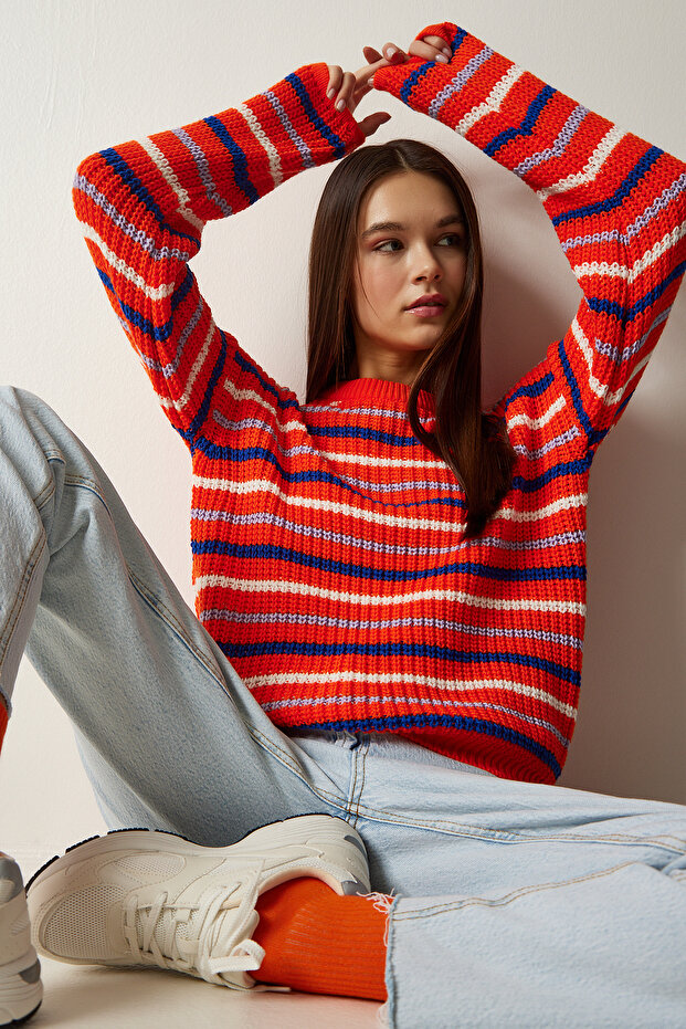 Damski sweter z dzianiny w pomarańczowe paski ZA00072 - 1