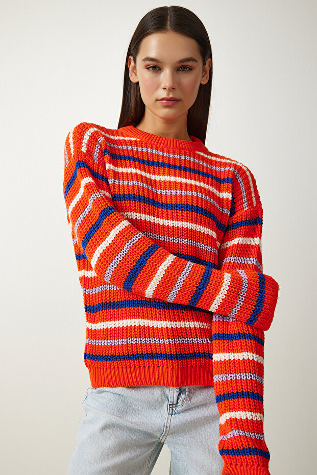 Damski sweter z dzianiny w pomarańczowe paski ZA00072 - 3