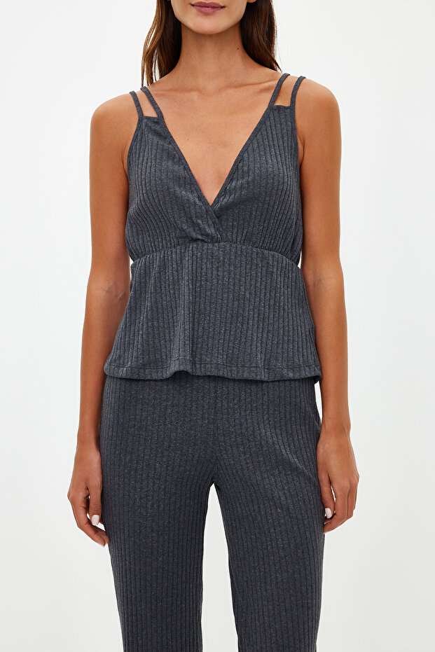 Komplet piżamowy z dzianiny sznurkowej w kolorze antracytowym - pasek na linę, THMSS21PT0125 - 4