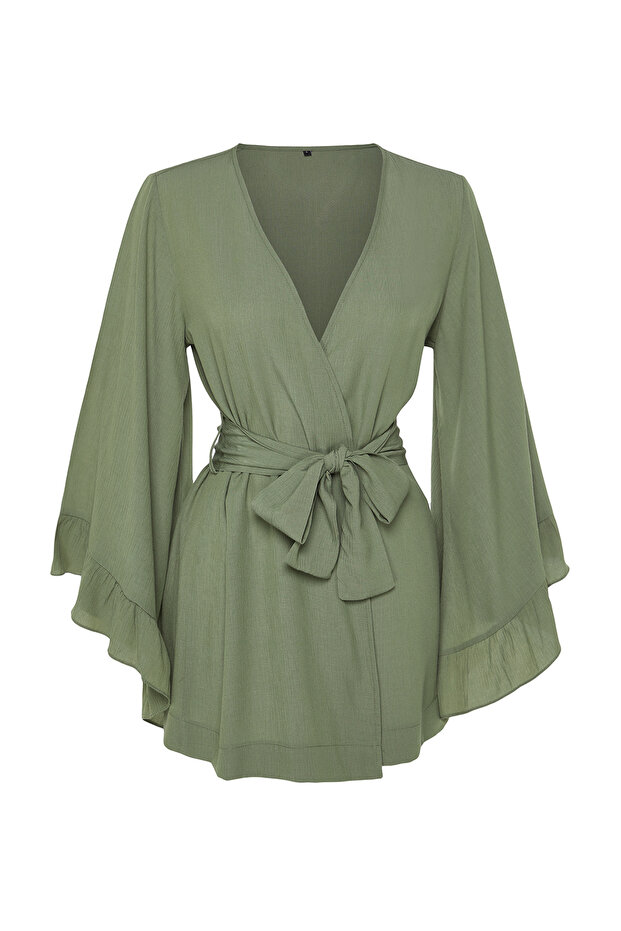 Haki Dokuma Plaj Mini Kuşaklı Kimono&Kaftan TBESS21KM0002 - 6