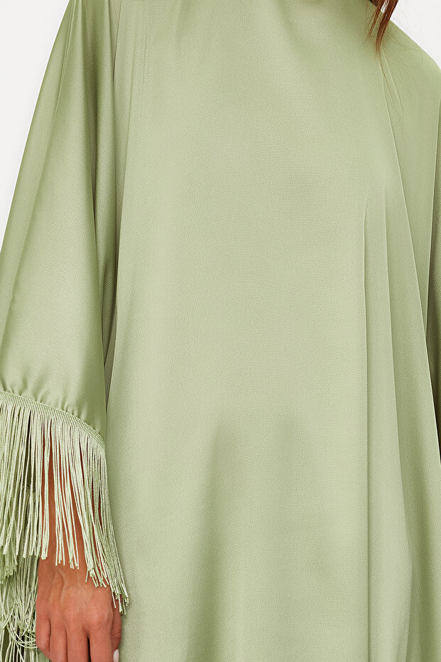 Khaki bojt részletes szatén szőtt kaftán estélyi ruha TCTSS24DB00038 - 7