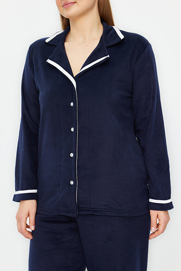 Lacivert Gömlek Yaka Biyeli Polar Örme Pijama Takımı TBBAW24AI00041 - 4