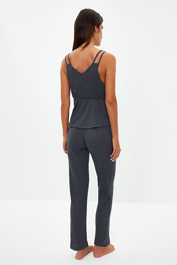 Komplet piżamowy z dzianiny sznurkowej w kolorze antracytowym - pasek na linę, THMSS21PT0125 - 6