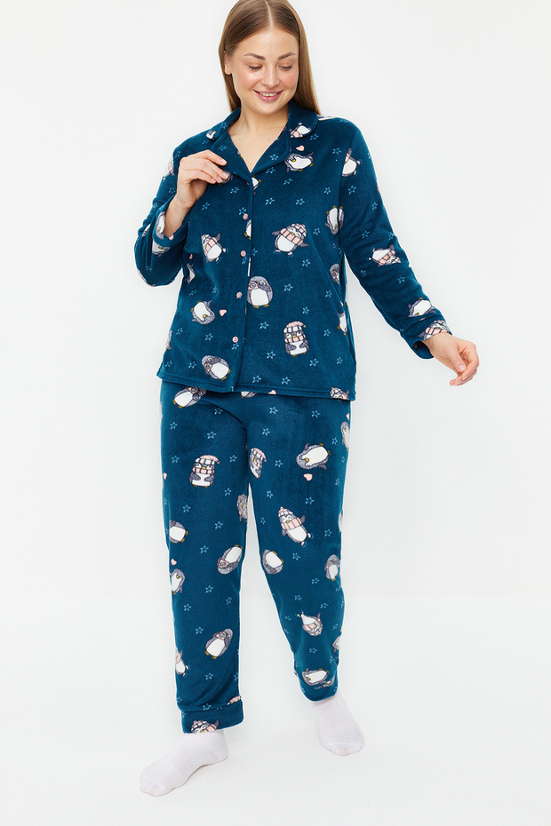 Petrol Penguen Desenli Gömlek Yaka Polar Pijama Takımı TBBAW24AI00025 - 1