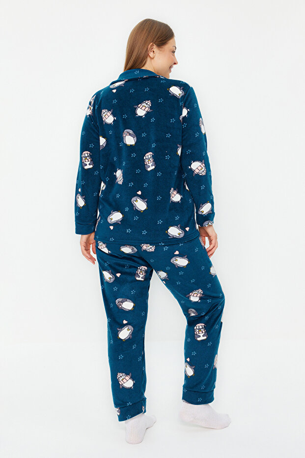 Petrol Penguen Desenli Gömlek Yaka Polar Pijama Takımı TBBAW24AI00025 - 5