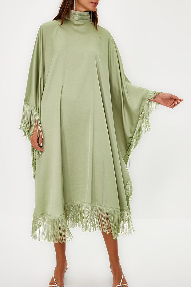 Khaki bojt részletes szatén szőtt kaftán estélyi ruha TCTSS24DB00038 - 6