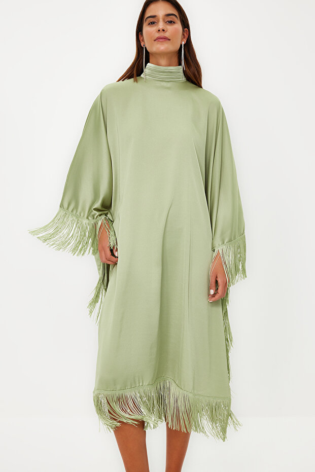 Khaki bojt részletes szatén szőtt kaftán estélyi ruha TCTSS24DB00038 - 5