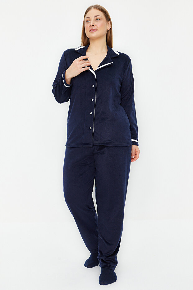 Lacivert Gömlek Yaka Biyeli Polar Örme Pijama Takımı TBBAW24AI00041 - 1
