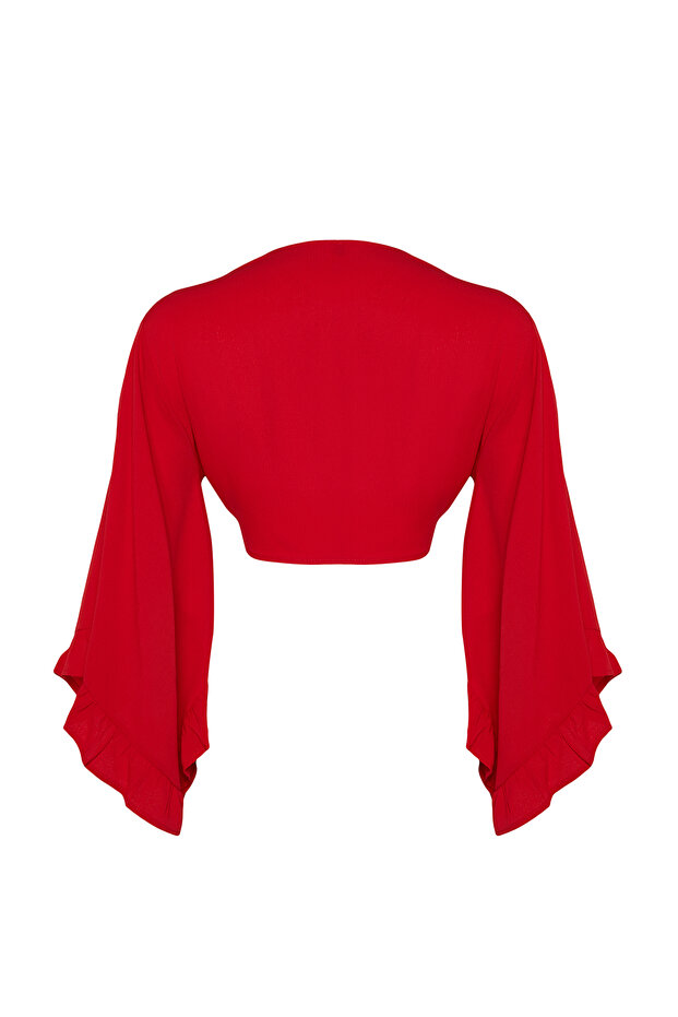 Kırmızı Dokuma Volanlı Plaj Crop Bluz TBESS19BB0095 - 7