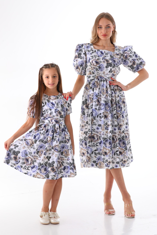Vintage Blue Mother and Daughter Combination with Rose Pattern (Single Price)