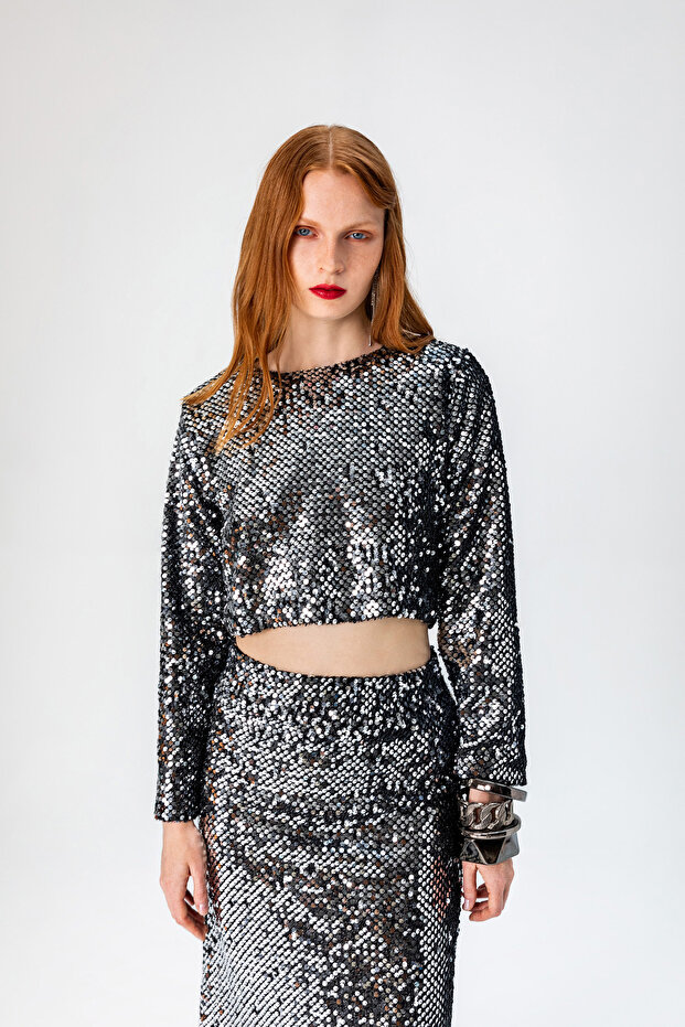 Shiny Black Silver Blouse - 2