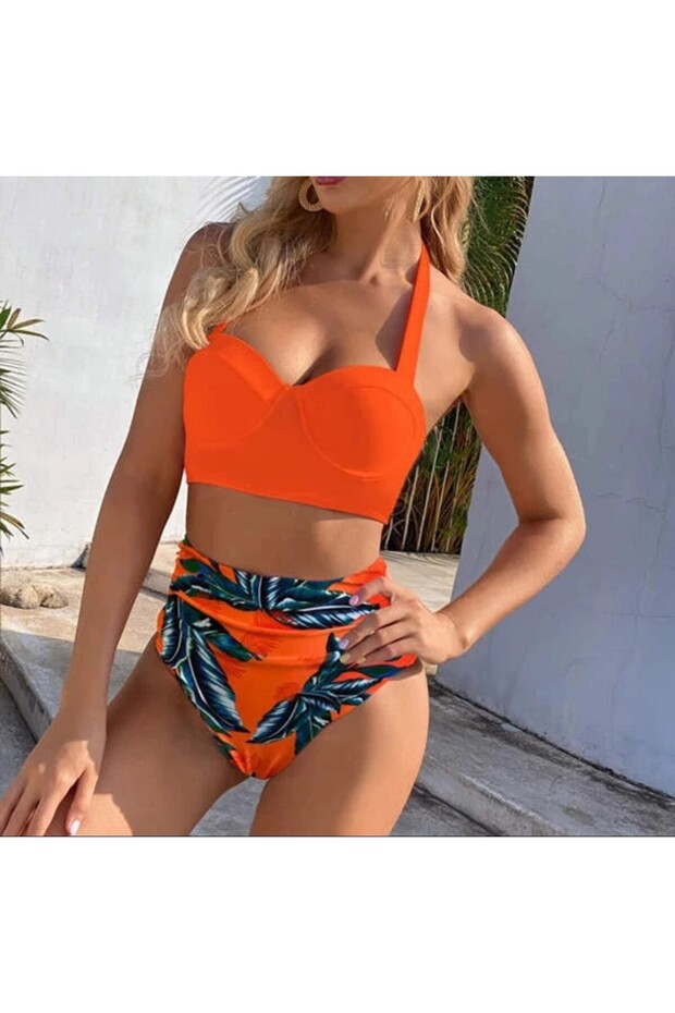 Yüsekbel Çiçekli Turuncu Bikini - 1