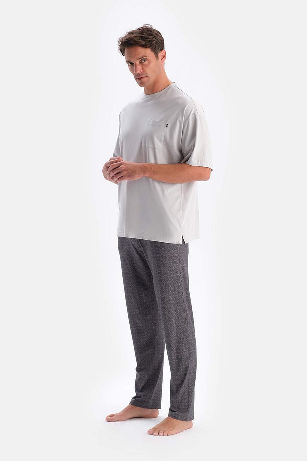 Gri Bisiklet Yaka Oversıze Üstlü Pamuk Modal Pijama Takımı - 3