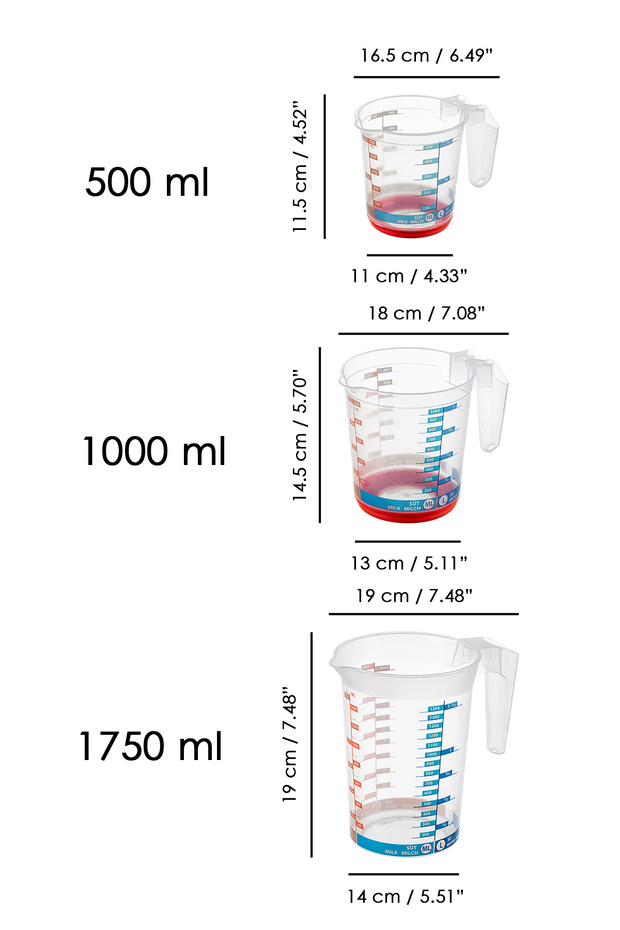 3-Piece Measuring Cup Set - Measured Mixer Mixing Cup with Non-Slip Base and Handle 500 ml -1000 ml - 1750 ml - 3
