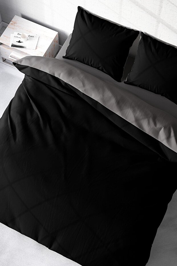 King Size Deluxe Double-Sided Cotton Ranforce Double Duvet Cover Set Black Gray 220X240Cm