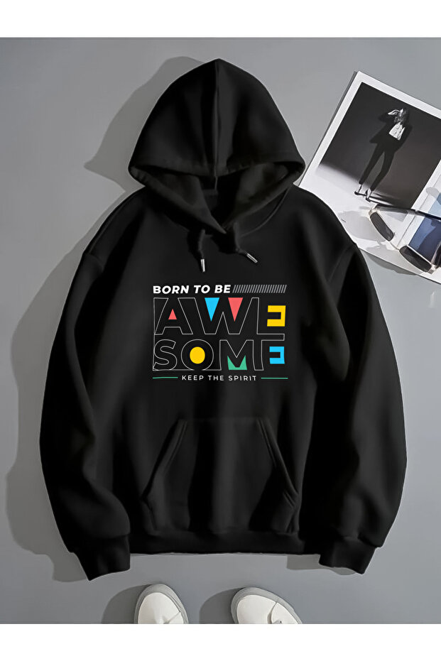 سويت شيرت أسود كبير الحجم مطبوع عليه AWE SOME
