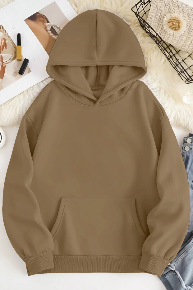 Unisex 2ip Brushed Inside Beige Oversized Sweatshirt
