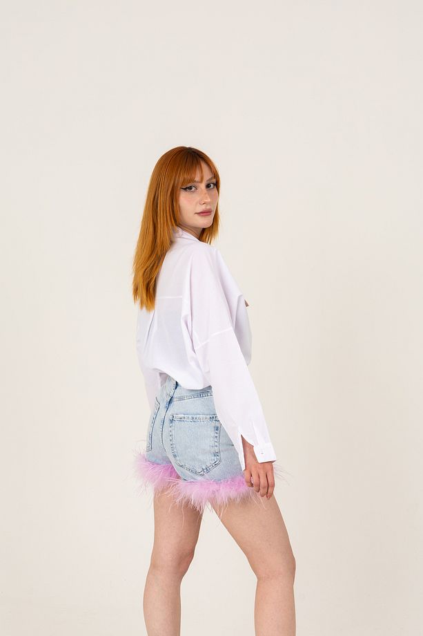 Açık Pembe Tüylü Kot Şort - 3
