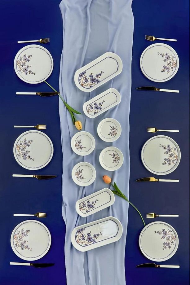 Violet Mor Yaprak Desenli Lüx Seramik 14 Parça 6Kişilik Kahvaltı Takımı,Kahvaltı seti - 1