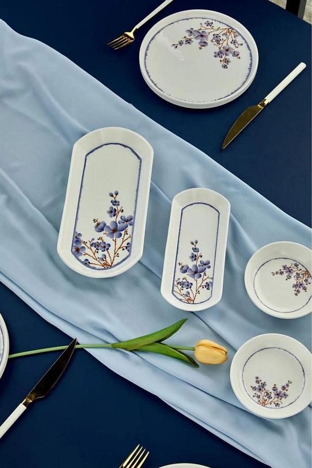 Violet Mor Yaprak Desenli Lüx Seramik 14 Parça 6Kişilik Kahvaltı Takımı,Kahvaltı seti - 6