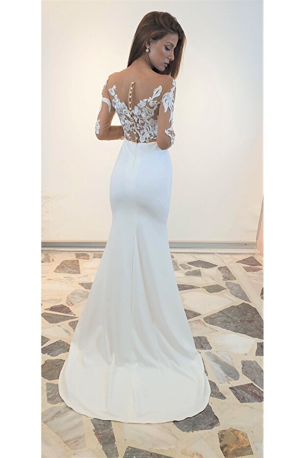 Design Guipure Detailed White Maxi Wedding & After Party & Wedding Dress