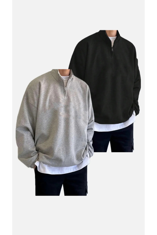 Unisex Plus Size Double Black And Gray Half Zipper Stand Collar Oversize Black Sweatsihrt