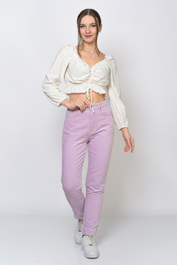 Cepli Fitilli Kadife Mom Pantolon- Lila - 3
