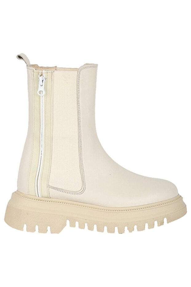 240573 Beige Cream Tan Women's Genuine Leather Elastic Slip On Platform Thick Sole Chelse Winter Boots