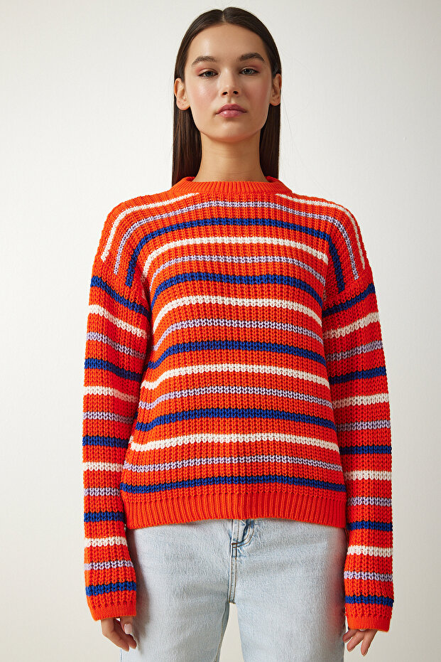 Damski sweter z dzianiny w pomarańczowe paski ZA00072 - 2