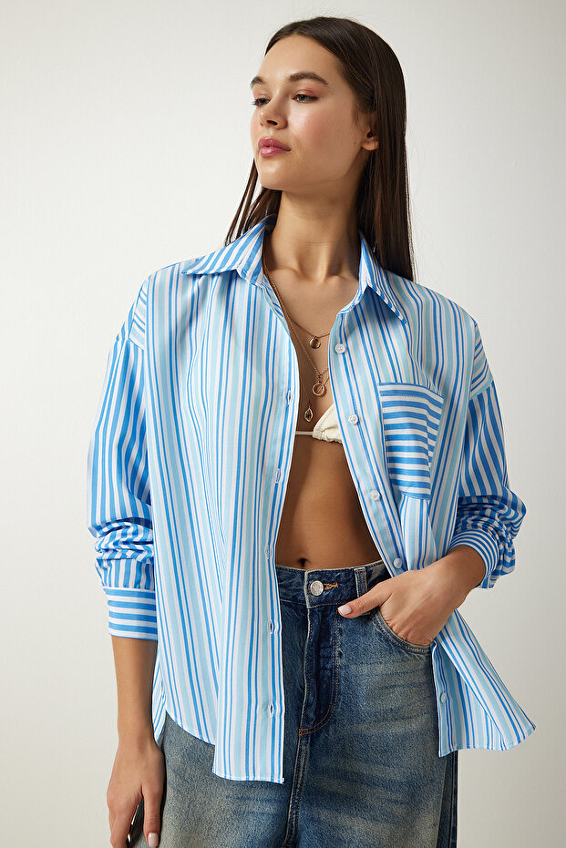 Women's Sky Blue Striped Oversize Cotton Woven Shirt SF00009