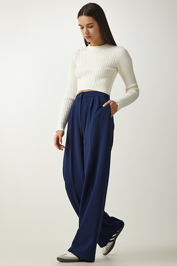 Women's Navy Blue Pleated Palazzo Trousers DW00004