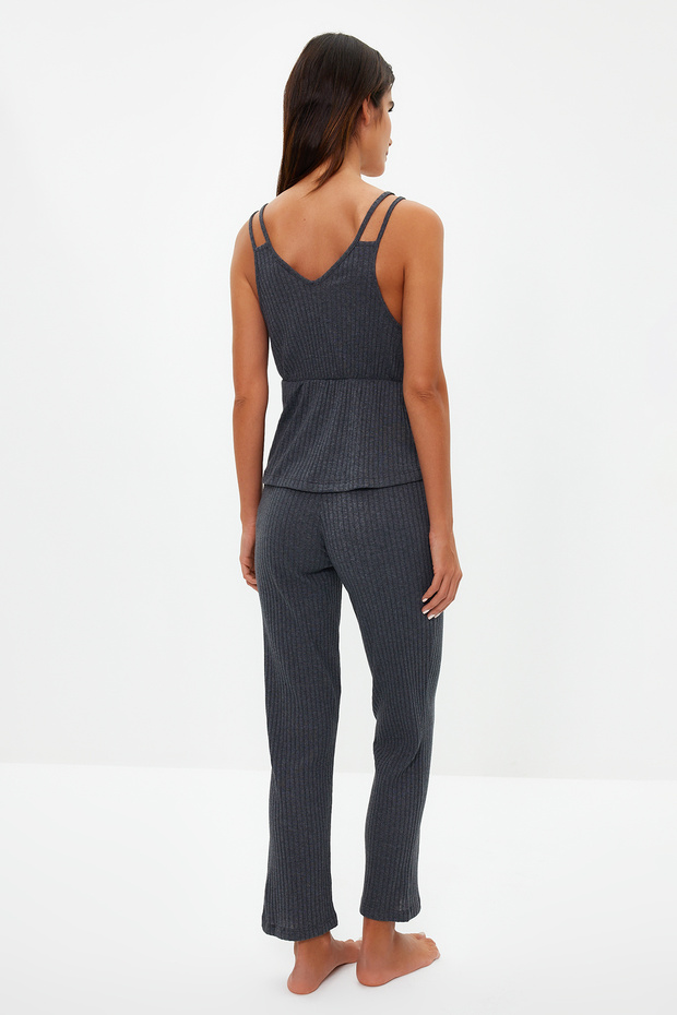 Komplet piżamowy z dzianiny sznurkowej w kolorze antracytowym - pasek na linę, THMSS21PT0125 - 10