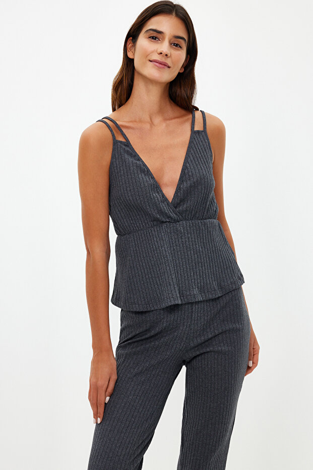 Komplet piżamowy z dzianiny sznurkowej w kolorze antracytowym - pasek na linę, THMSS21PT0125 - 2