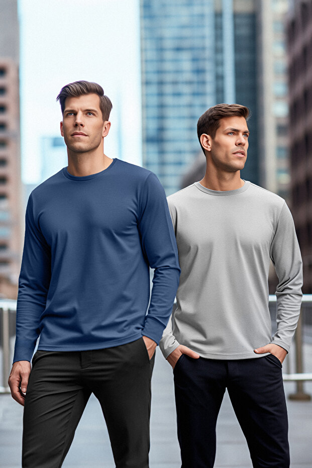 Gri-Indigo 2'li Paket %100 Pamuklu Uzun Kol Regular/Normal Kesim Basic T-Shirt TMNAW24TS00001 - 1