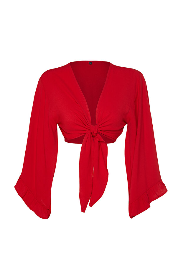 Kırmızı Dokuma Volanlı Plaj Crop Bluz TBESS19BB0095 - 5