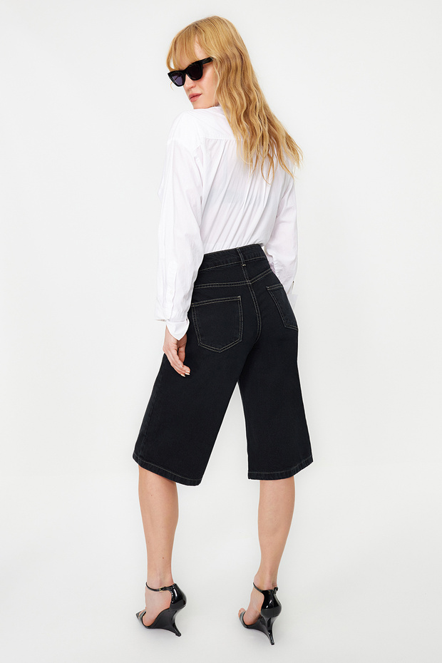 Siyah Yüksek Bel Denim Bermuda TWOSS24SR00023 - 6