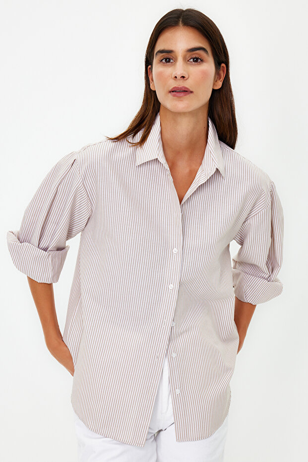 Bej Basic Çizgili Oversize Geniş Kalıp Dokuma Gömlek TWOSS23GO00144 - 1