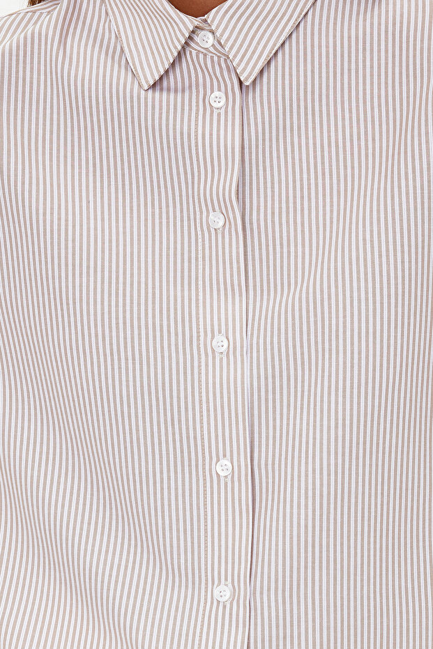 Bej Basic Çizgili Oversize Geniş Kalıp Dokuma Gömlek TWOSS23GO00144 - 4